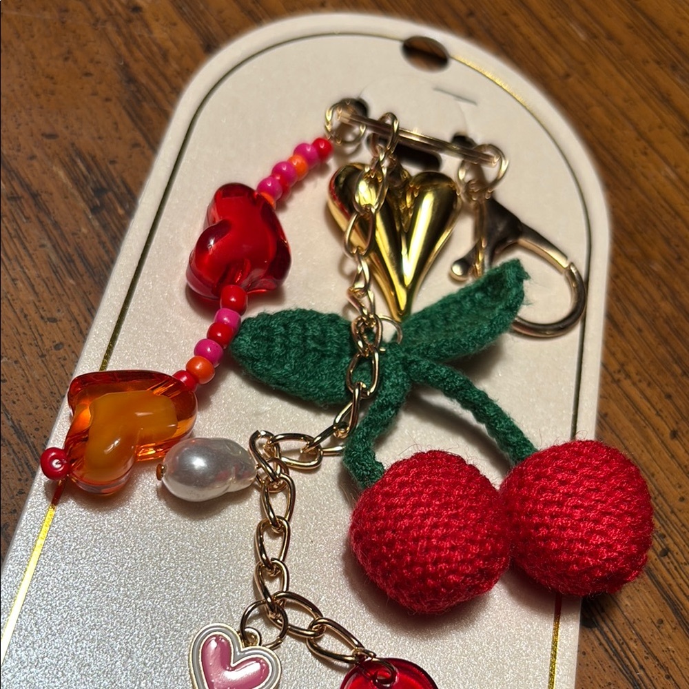 Cherry and Flower Bag Charm Keychain with Red and Pink Accents - Picture 6 of 8